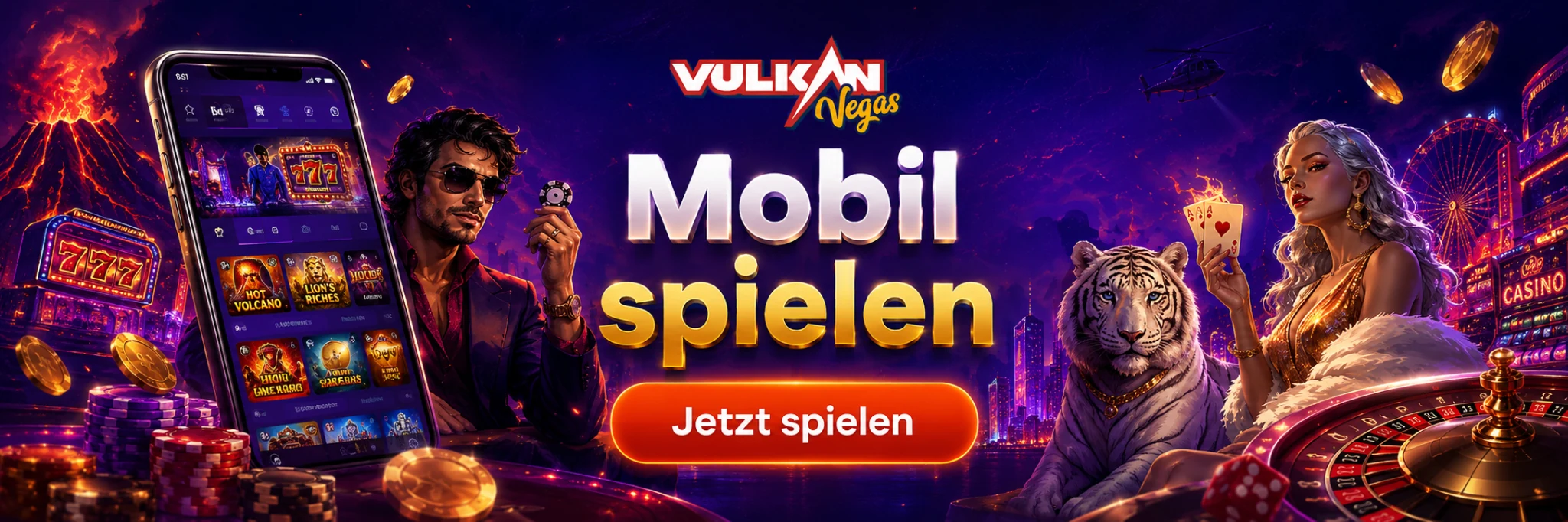 Vulkan Vegas Mobile Banner mit Smartphone und Casino-Spielansicht