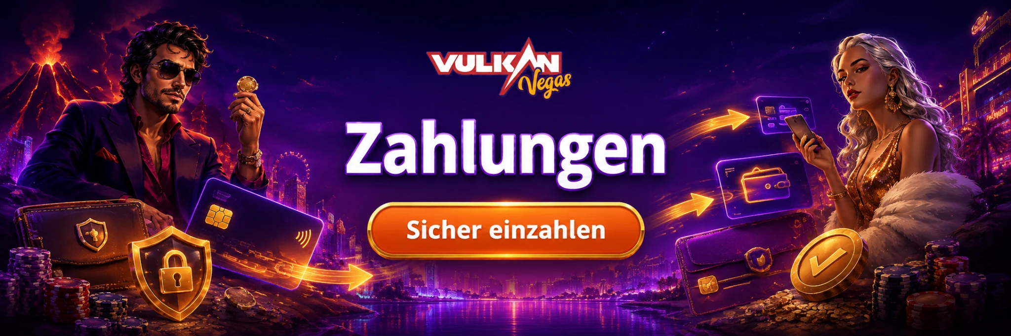 Vulkan Vegas Zahlungen Banner mit Karte, Wallet und Sicherheits-Symbolen